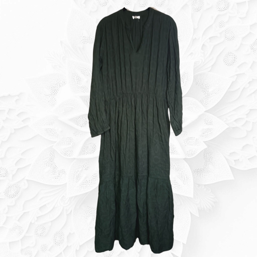 World Market 100% Cotton Forest Green Jacquard V-Neck Long Sleeve Maxi Dress